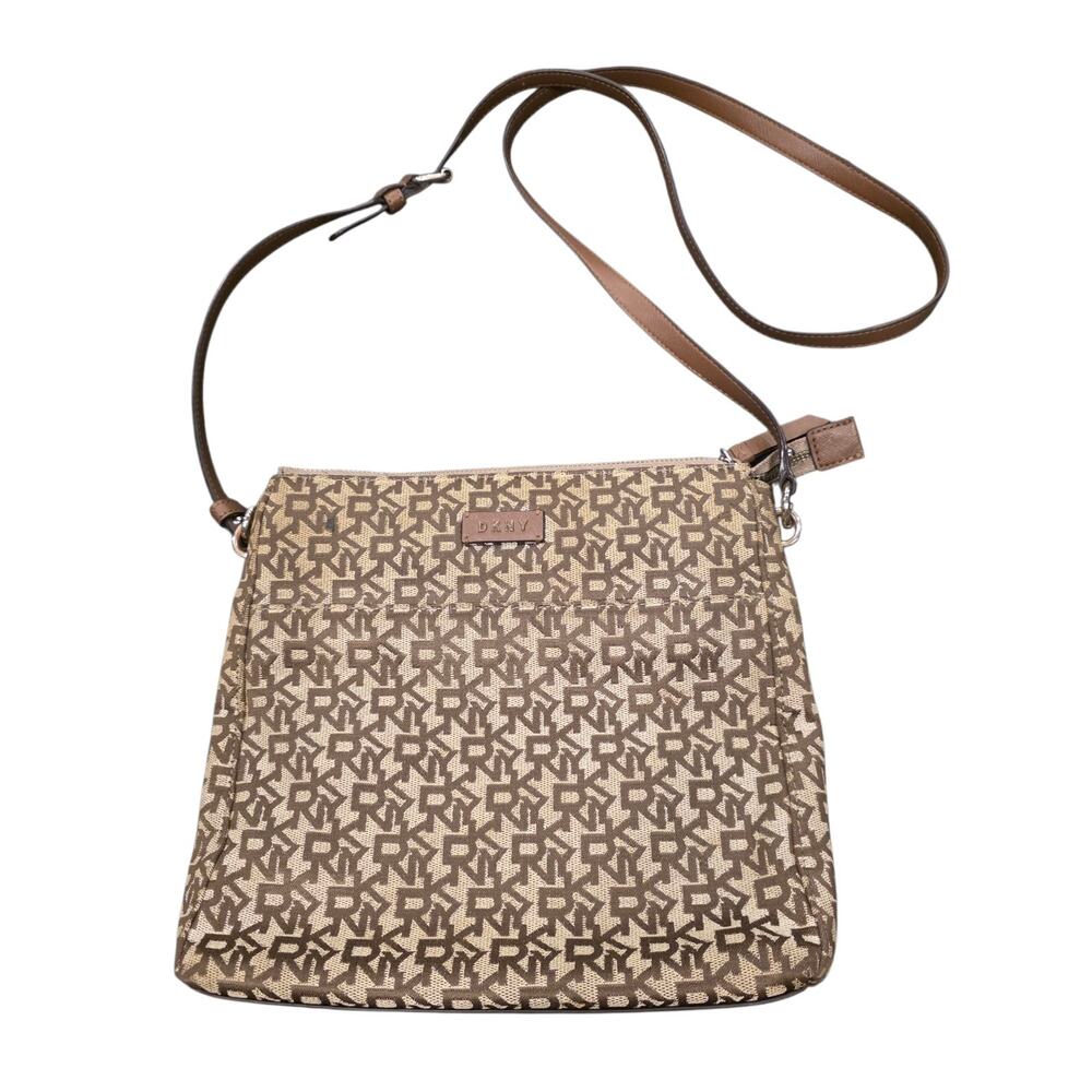 DKNY Purse Brown Monogram Crossbody Bag Logo Print Canvas Shoulder Handbag